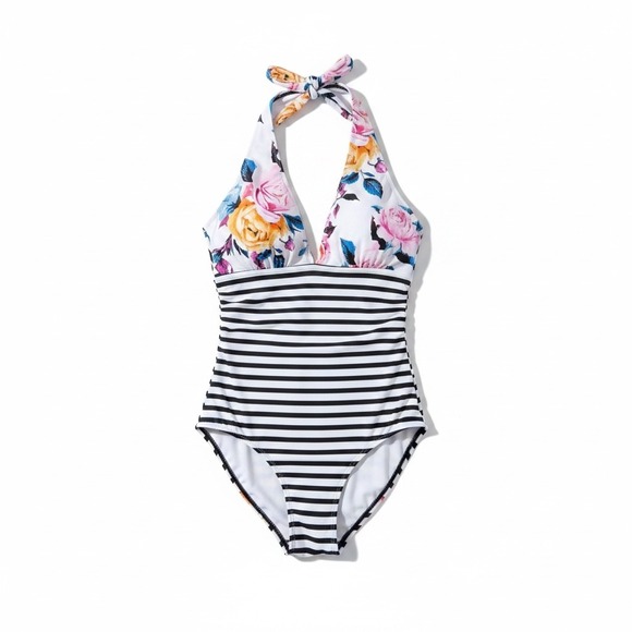Cupshe Other - Cupshe Womens Floral and Striped Halter One Piece Swimsuit White Black Large NEW